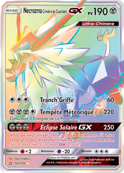Necrozma Crinière du Couchant GX 163/156, carte Ultra-Prisme (UPR), en vente à Manga Cash à Ans, province de Liège.