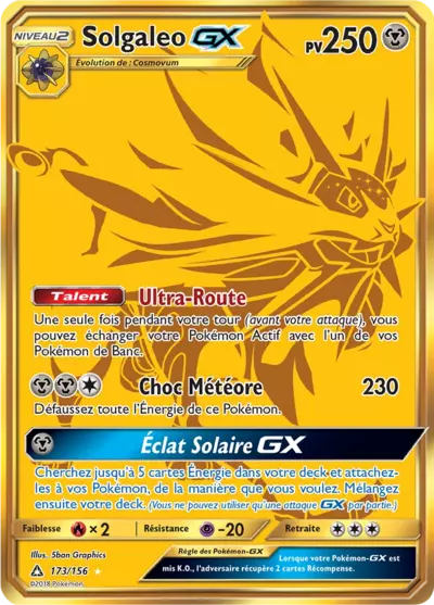 Solgaleo GX 173/156, carte Ultra-Prisme (UPR), en vente à Manga Cash à Ans, province de Liège.