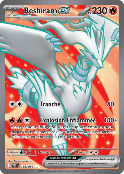 Retrouvez Reshiram EX 158/086 – Flamme Blanche chez Manga Cash Ans (Liège).