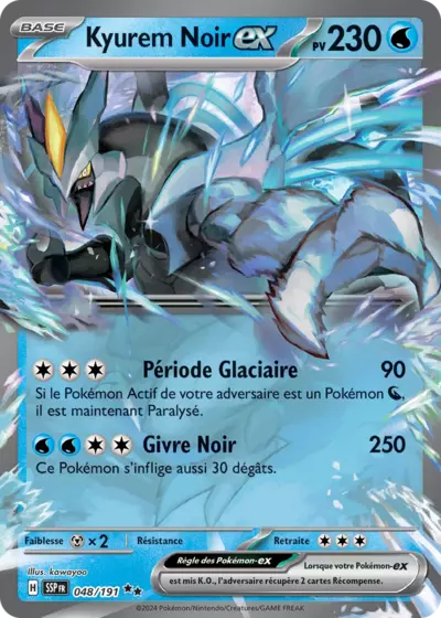 Kyurem Noir EX 048/191 issu de l’extension Étincelles Déferlantes, référencée chez Manga Cash à Ans en région liégeoise.