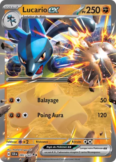 Lucario EX 082/142 issu de l’extension Couronne Stellaire, visible chez Manga Cash à Ans en région liégeoise.