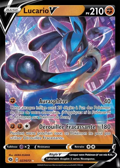 Lucario V 027/073 de l’extension La Voie du Maître, disponible chez Manga Cash à Ans en région liégeoise.