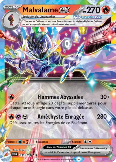 Malvalame EX 036/191 de l’extension Étincelles Déferlantes, mise en avant par Manga Cash à Ans, près de Liège.