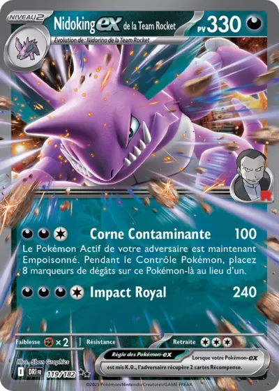 Nidoking EX de la Team Rocket 119/182 issu de l’extension Rivalités Destinées, en vente à Manga Cash à Ans, près de Liège.