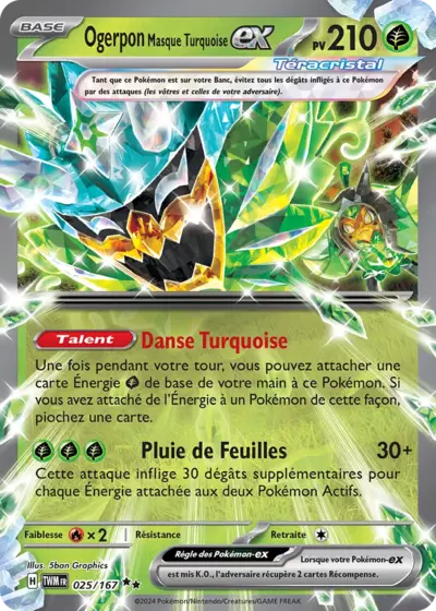 Ogerpon Masque Turquoise EX Téracristal 025/167 de l’extension Mascarade Crépusculaire, présentée chez Manga Cash à Ans, près de Liège.