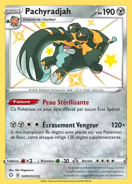 Carte Pokémon Pachyradjah SV091/SV122 de la série Destinée Radieuse, en très bon état, disponible chez Manga Cash à Ans (Liège).