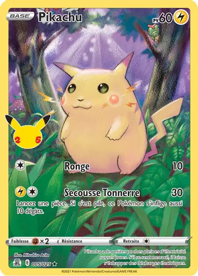 Pikachu 005/025 issu de l’extension Célébrations du jeu de cartes Pokémon, visible chez Manga Cash à Ans en région liégeoise.