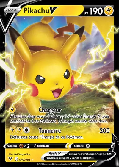 Pikachu V 043/185 issu de l’extension Voltage Éclatant, proposée par Manga Cash à Ans, province de Liège.