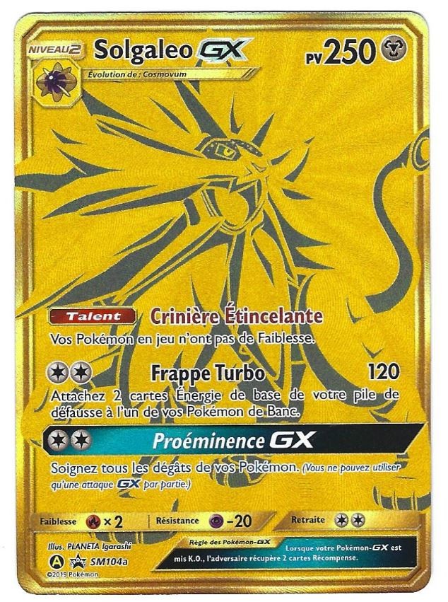 Solgaleo GX SM104a, carte Carte Promo Soleil et Lune, en vente à Manga Cash à Ans, province de Liège.