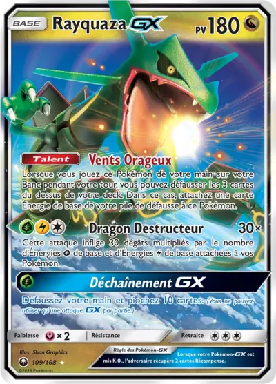 Rayquaza GX 109/168 provenant de l’extension Tempête Céleste, en vente à Manga Cash à Ans en province de Liège.