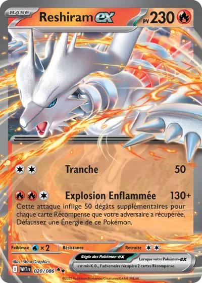Reshiram EX 020/086 de l’extension Flamme Blanche, à découvrir chez Manga Cash à Ans, province de Liège.
